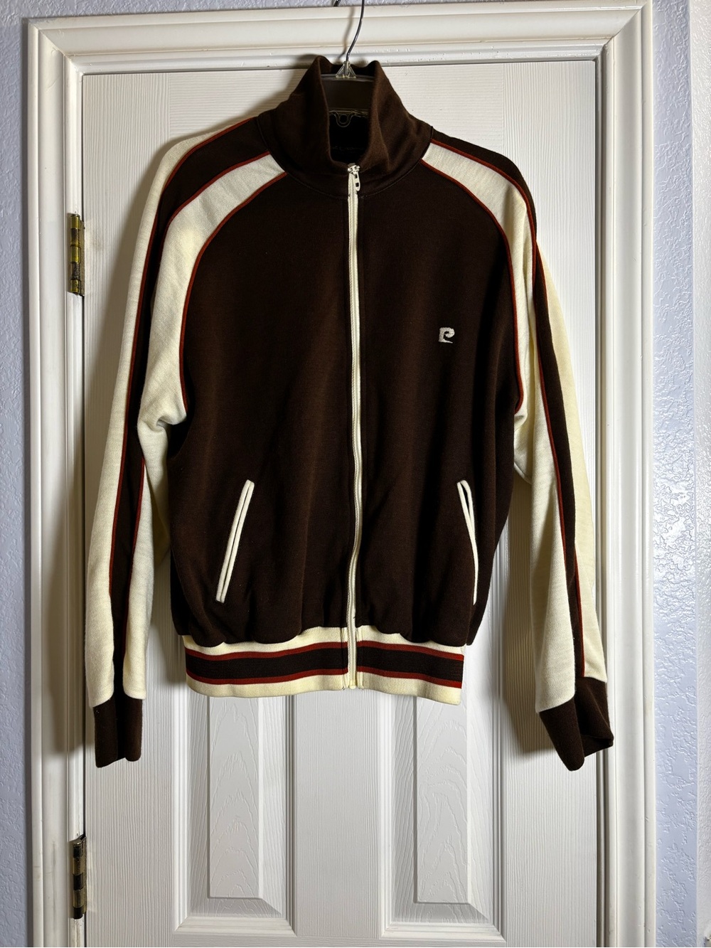 Vintage Pierre Cardin Men’s Track Jacket Large Brown Cream Full Zip 80s Retro